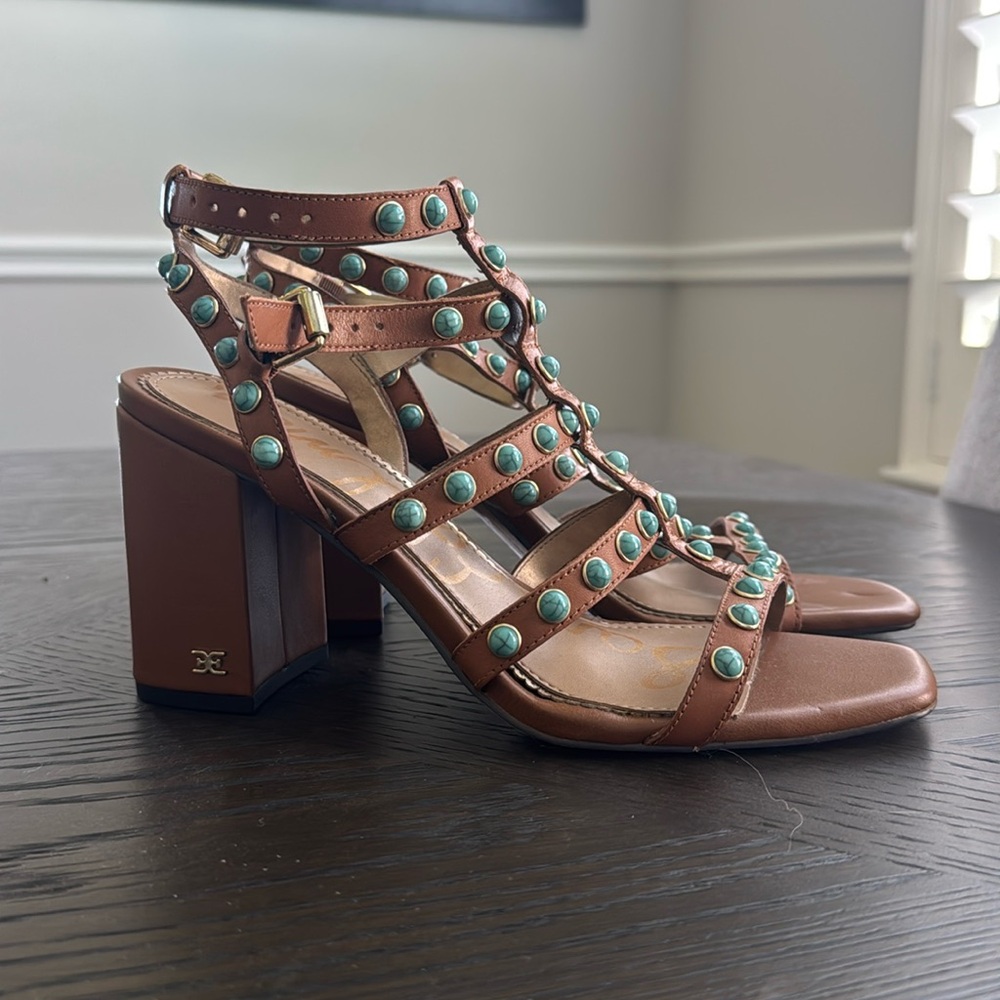SAM EDELMAN ~ Brown Studded Block Heels with Faux Turquoise Accents size 8